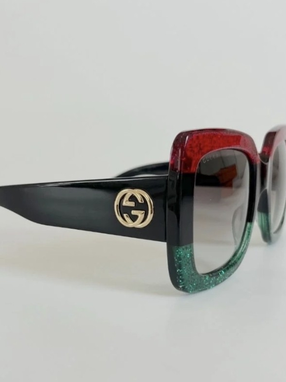 Gucci Black Square Sunglasses with Red & Green Glitter Trim